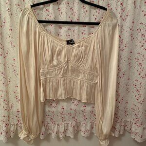 Lulu's Sophisticate Cream/Off-White Satin Flowy Ruched Long Sleeve Top- Size S